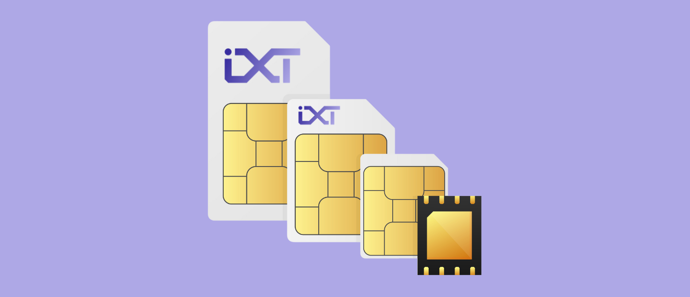 Four different SIM card form factors stacked in front of each other with a purple background. IXT logo on two of the cards.