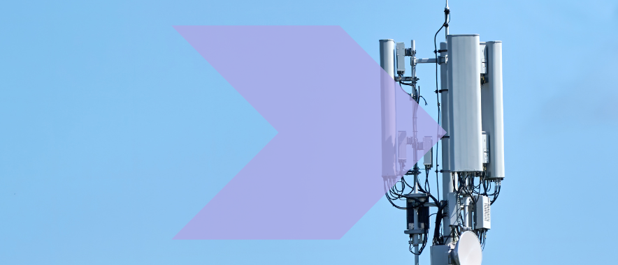 clear blue sky as background, cellular tower in front, purple arrow overlay to indicate ixt brand